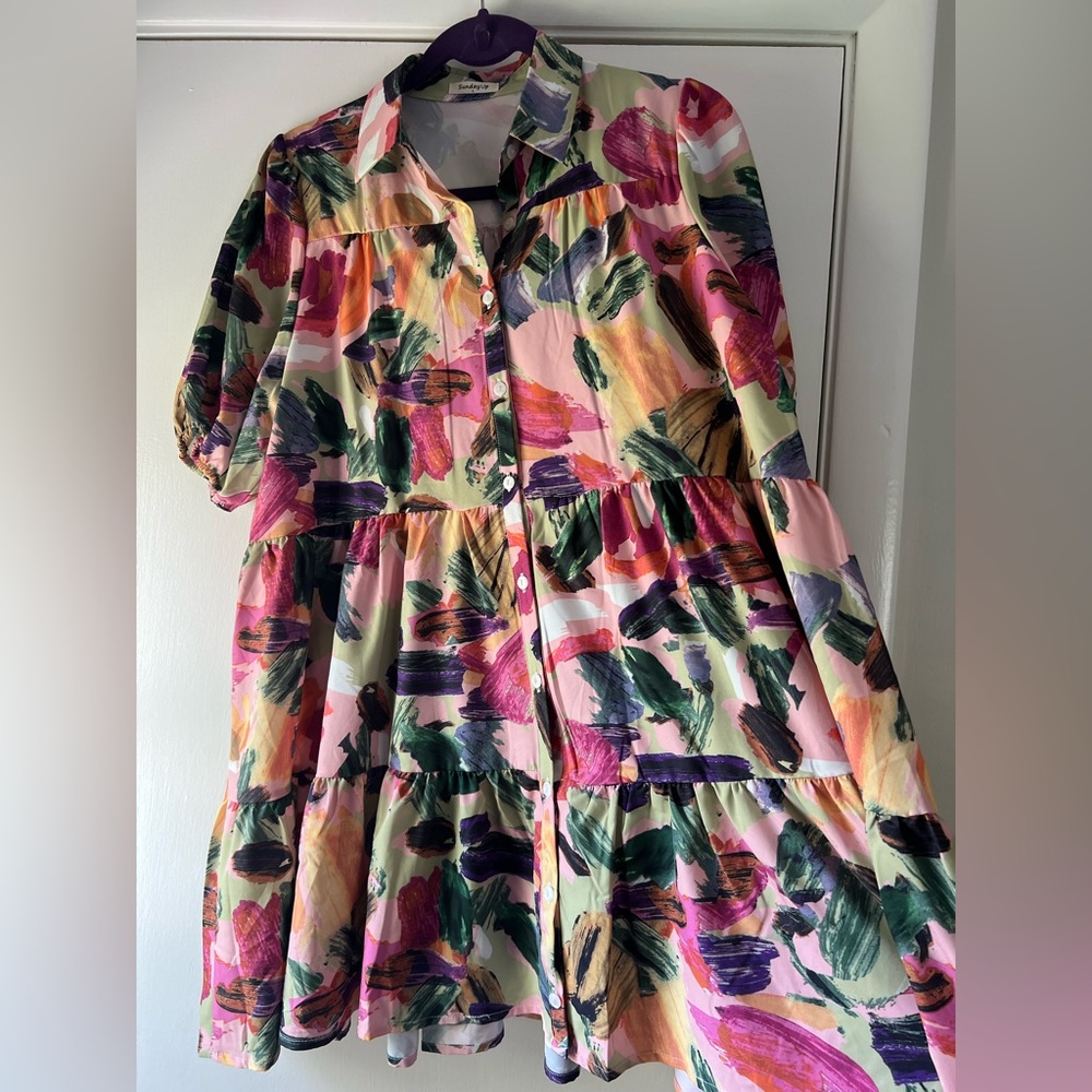 Floral Brushstroke Tiered Shirt Dress - Pink & Green - Picture 6 of 8